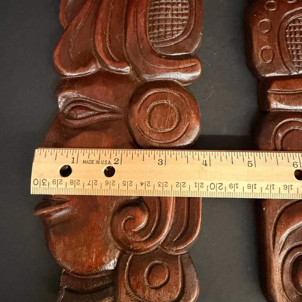 Vintage Honduras Hand Carved Wood Mayan Aztec Face Wall Art Plaques Pair 10.5